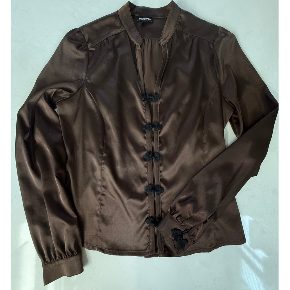 Le Chateau Womens Satin Blouse Chocolate Brown Mandarin Collar Frog Closure Sz S